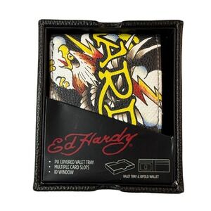 Ed Hardy Bifold Wallet Valet Tray Mens Black New Tattoo Eagle Skull Set NEW